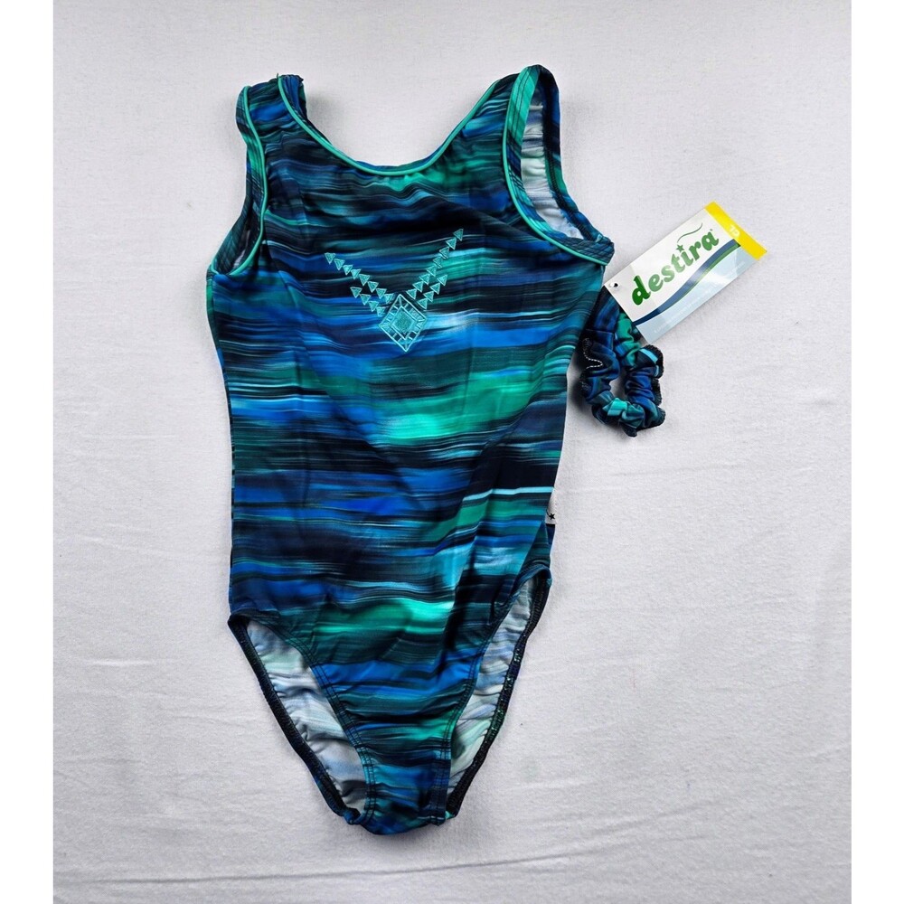 NWT Destira Child Large Blue Green Watercolor Gymnastics Leotard Tank Scrunchie